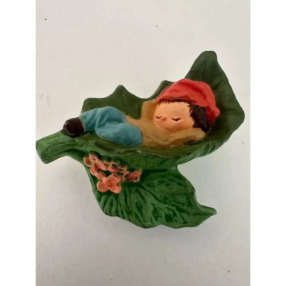 Vintage Sleeping Elf Child Leaf Brooch Hand Painted Figural Pin 2.25
